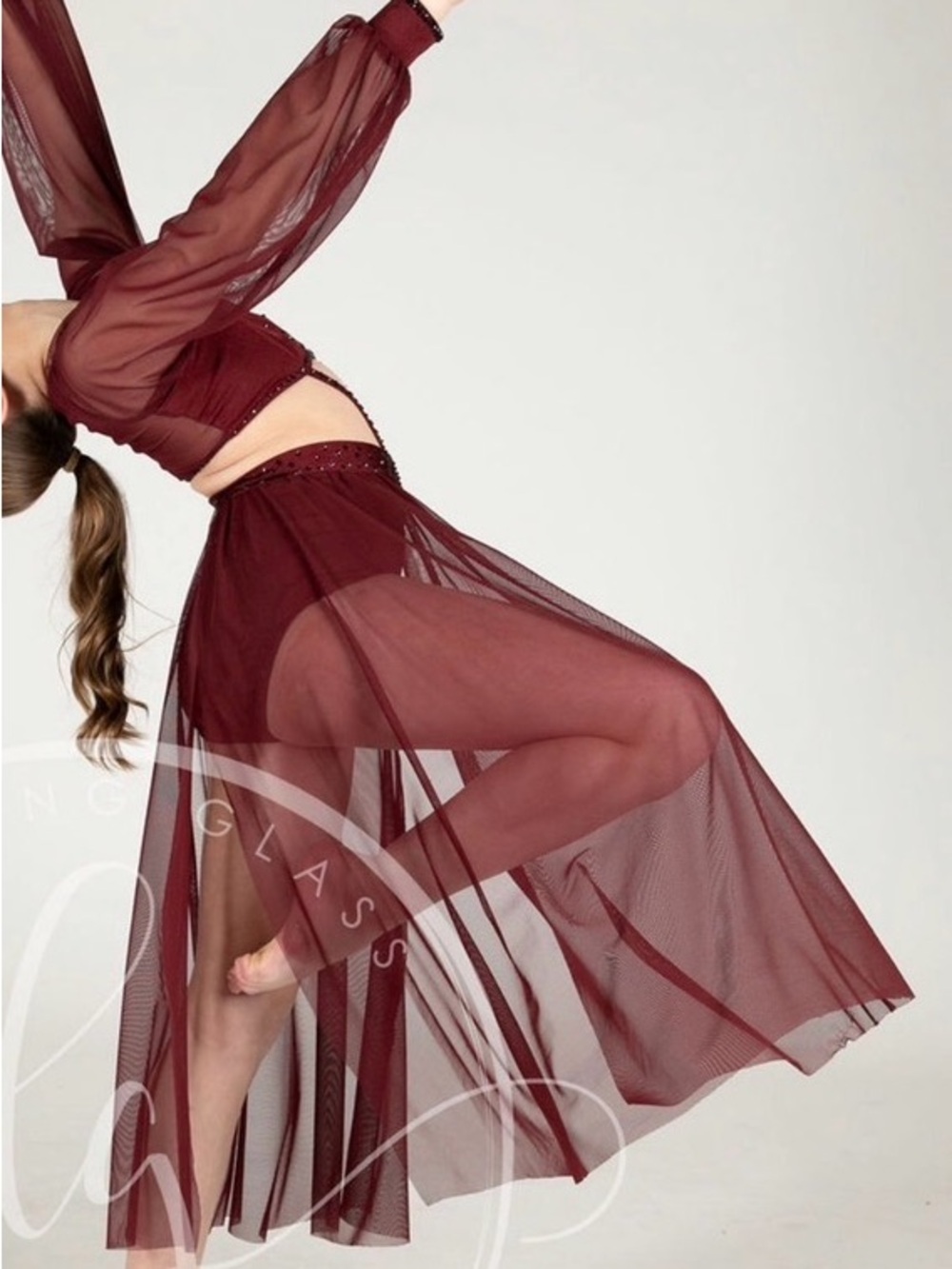 One piece and Sheer Burgundy Mesh Maxi Skirt with Rhinestones